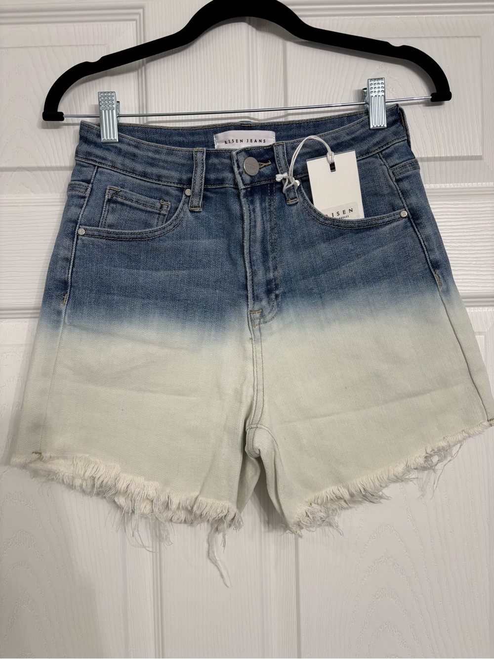 Risen Ombre High-Rise Denim Shorts in Blue to Cream